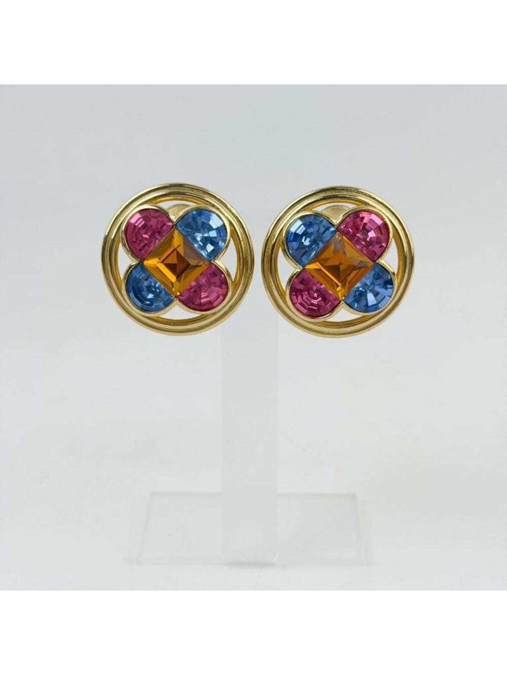 Dior Multicolor Bijou Flower Motif Circle Earrings Plated Gold Vintage